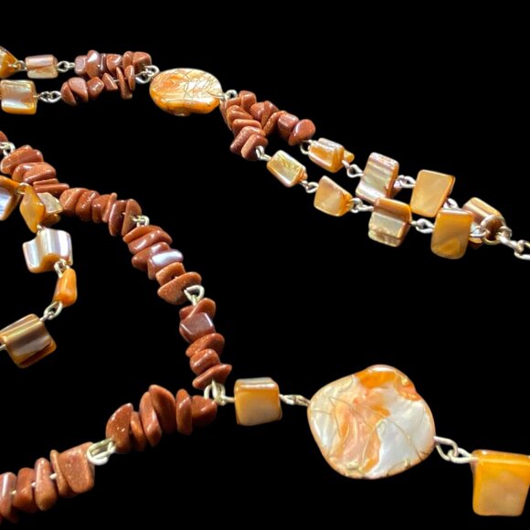 3pc SET Gemstone Chip Stone Shell 27" Pendant Necklace Earrings Bracelet Avante - Picture 10 of 11